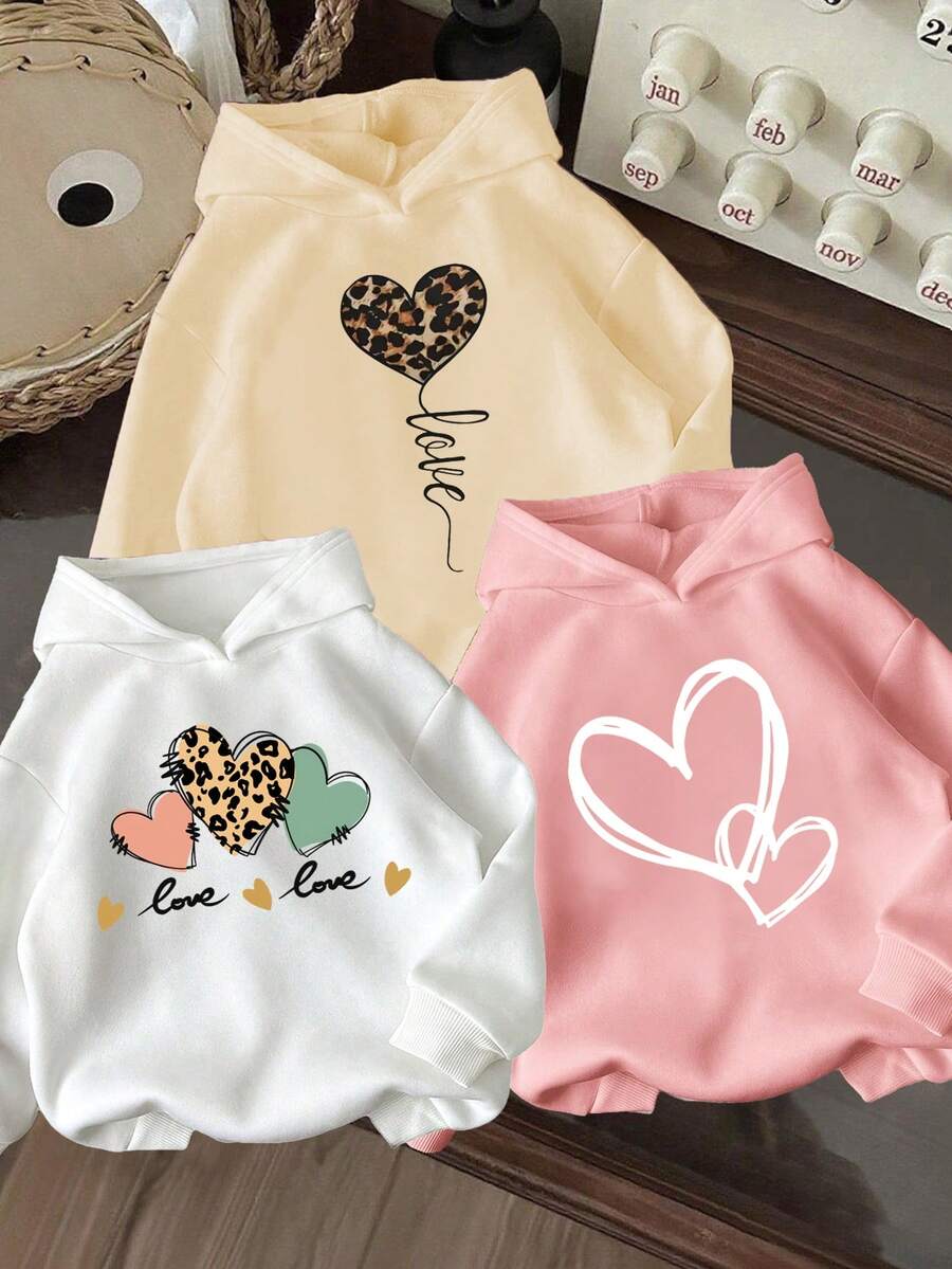 3件套幼儿心形图案保暖连帽卫衣 - 彩色 - 查看 1