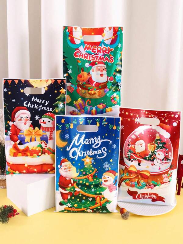 10/20/50 piezas Bolsas de regalo de plástico con diseños navideños de Papá Noel, muñeco de nieve y globo aerostático, ideales para fiestas y celebraciones navideñas, bolsas de regalo multiusos para envoltura de regalos de Navidad y Año Nuevo 2026