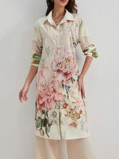 标准尺寸女式复古花卉印花长袖衬衫裙