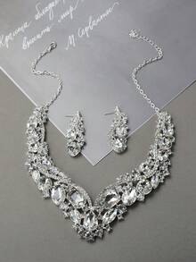 1pcs Luxury Silver Large Crystal Diamond Palace Style Bridal Wedding Dinner Party Dance Sparkling Necklace Earrings Set - 銀色 - 查看 2