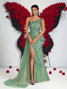 Elisanya Sequin Embroidered High Waist Long Chiffon Ribbon Backless Party Dress (Embroidery Placement Random) - Green - View 3