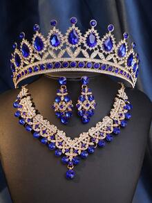 4pcs Fashionable Bridal Crown Necklace And Earrings Set Zinc Alloy Tiara Rhinestone Wedding Jewelry Set For Brides - Elegant Wedding Accessory Kit - 寶藍色 - 查看 10
