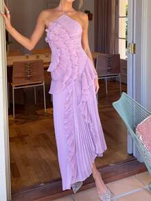 Women's Boho Halter Backless Maxi Dress Sleeveless High Waist Ruffled Party Prom Evening Dresses - 紫色 - 查看 1