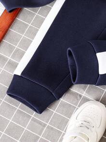 2pcs/Set Young Boy Patchwork Hoodie Sweatshirt And Pants, Warm - Royal Blue - View 10