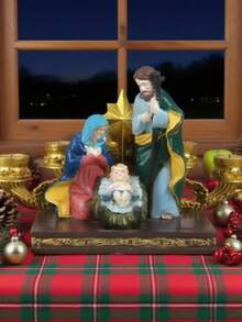 1个树脂马槽烛台，节日装饰，适用于茶几、床头柜、客厅，寓意美好的礼物，家居装饰，圣诞装饰，房间装饰，圣诞节，冬季圣诞装饰，家居圣诞礼物，圣诞装饰 - 彩色 - 查看 3