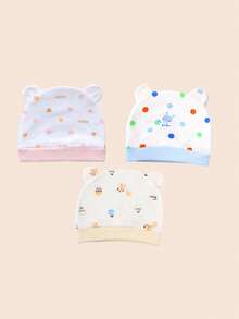 3/6件装 可爱卡通熊耳新生儿帽子 柔软男女宝宝帽子 针织帽 纯色婴儿帽 新生儿摄影帽 0-3个月 - 彩色 - 查看 19