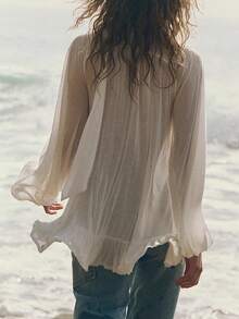 Womens Y2K Sheer Mesh Frill Shirt Tops Solid Color See Through Long Puff Sleeve V Neck Ruffle Hem Loose Fit T Shirts Blouses Boho Peplum Shawl Shirts With Scarf Set Fall Going Out Tops Beach Cover Up Vacation Streetwear - 白色 - 查看 5