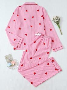 2pcs Women Striped & Heart Print Pajama Set, Long Sleeve Button Collar Top And Pants, Casual Sleepwear Homewear Suit For Autumn/Winter, Fall Clothes - 粉色 - 查看 2