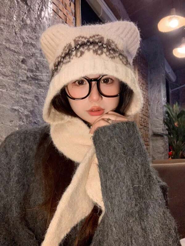 1 Piece Of Cute Bear Knitted Hat For Women In Autumn And Winter, A Warm, Windproof, Ear-Protecting Wool Hat, Cold-Resistant, Versatile And Face-Flattering, A Plush Hat.