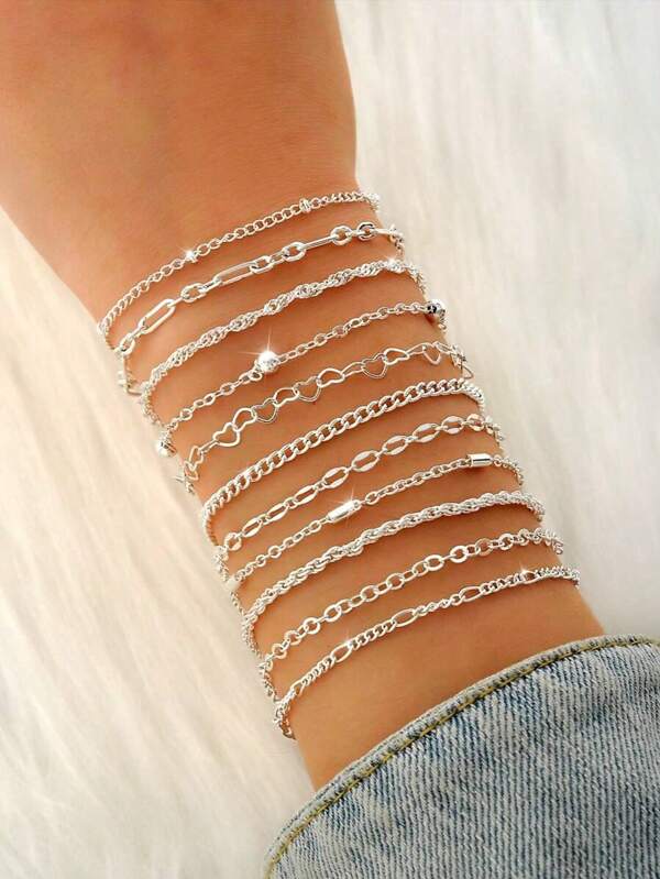 11 Stücke Vintage elegantes Armband mit Herz- und quadratischen Elementen aus kubischem Zirkonia, modisches Accessoire geeignet für den täglichen Gebrauch