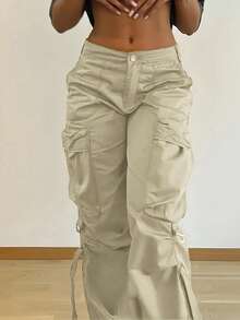 女士 Y2K 街头风翻盖口袋带饰宽松休闲阔腿降落伞工装裤 - 杏色 - 查看 5