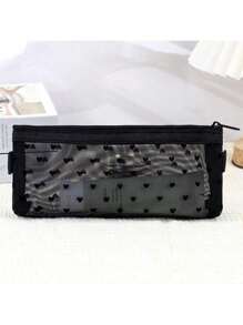 1 pieza Mini bolsa de maquillaje con forma de corazón y malla, estuche portátil multiuso transparente con felpa para lápices labiales
