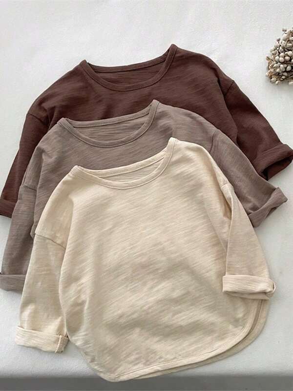 3pcs Kids Spring/Autumn Long Sleeve Solid Color Bamboo Knit T-Shirts, Loose Fit Casual Tops For Boys & Girls