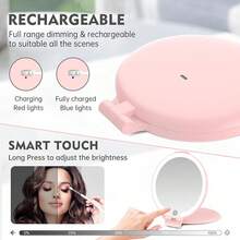 FUNTOUCH - Espejo de viaje con luz, 10 x 1 x doble cara, espejo de cambiador de maquillaje recargable con 3 ajustes de color, rotación ajustable LED espejo de computadora, color rosa - rosa - Ver 5