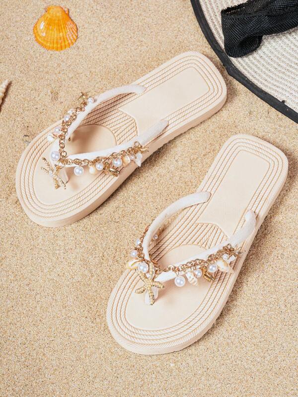 Bohemian Resort Ocean Beach Style Faux Pearl Conch Starfish Decorated Chain, Women's Soft-Soled Non-Slip Flat Flip-Flops, Straw Design Flat-Soled Fashionable Casual Beach Sandals, Suitable For Summer Beaches, Vacations, Travel Etc.