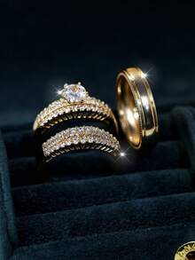 Vanel 3pcs Elegant Stackable Rings, Inlaid With Shiny Zirconia Stones, Engagement/Wedding Rings, Formal Party Decoration, Gift For Your Loved One - 3-piece Set - View 3