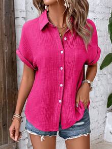 Women's Casual Cotton Short Sleeve Shirt With Buttons And Pocket - 玫紅色 - 查看 1