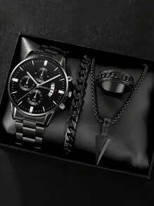 Conjunto de 4 piezas de reloj de cuarzo de moda para hombre - Estilo de negocios con colgante de flecha, pulsera, anillo, reloj de acero inoxidable con pantalla analógica precisa, cómodo, adecuado para uso casual y deportivo - Regalo ideal para él
