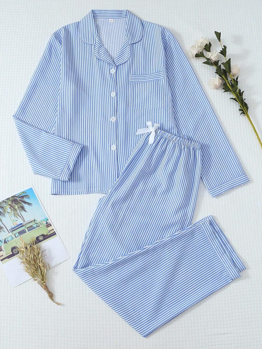 2pcs Women Blue & White Striped Print Pajama Set, Long Sleeve Button Collar Top And Pants, Casual Sleepwear Homewear Suit For Autumn/Winter, Fall Clothes