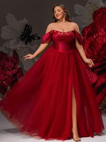 VIPGIRL Vestido de gala de tul color borgoña con hombros descubiertos, corsé con lentejuelas y falda esponjosa, vestidos de gala para mujeres, estilo princesa elegante, vestido de noche formal, vestido de lujo para invitada de boda, vestido de dama de honor, vestido de fiesta