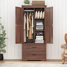 2/3/4 Doors Wardrobe Armoire Closet With Doors And Drawers, Farmhouse Wooden Armoire Storage Cabinet With Shelves & Hanging Rod For Bedroom - 棕色 - 查看 3