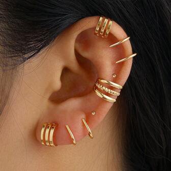 7 pièces/set Boucles d'oreilles et manchettes d'oreille en alliage minimalistes et polyvalentes en or
