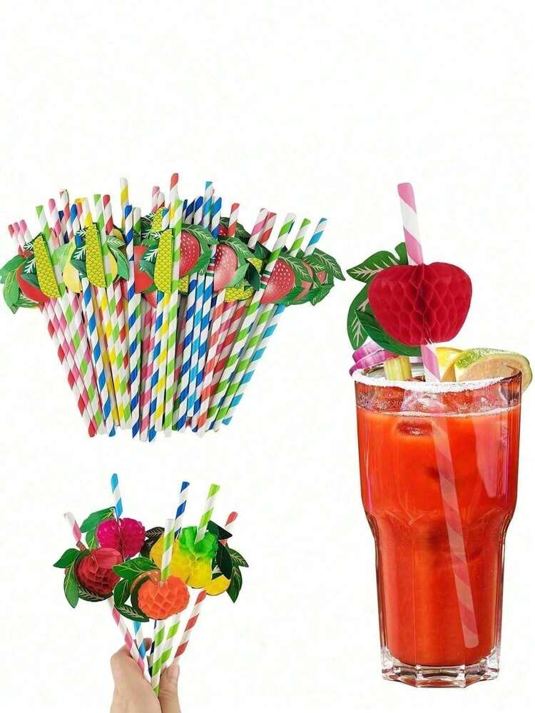 15/20/30/50 Unidades Pajitas de papel con diseño de frutas para cócteles, pajitas de papel para fiestas con frutas, pajitas para bebidas, pajitas para fiestas familiares, pajitas para cenas al aire libre y en la playa, pajitas de papel con estampado de frutas, set de fiesta tropical, pajitas hawaianas y sombrillas de frutas 3D, decoraciones de papel con sandía y piña para cócteles, Halloween, Navidad - Multicolor - Añade 2