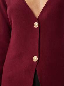 Solid Color Casual Front Button Ribbed Buttons - Burgundy - View 3