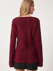 Solid Color Casual Front Button Ribbed Buttons - Burgundy - View 6