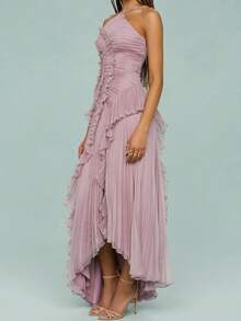 Women's Boho Halter Backless Maxi Dress Sleeveless High Waist Ruffled Party Prom Evening Dresses - Bụi hồng - Xem 2