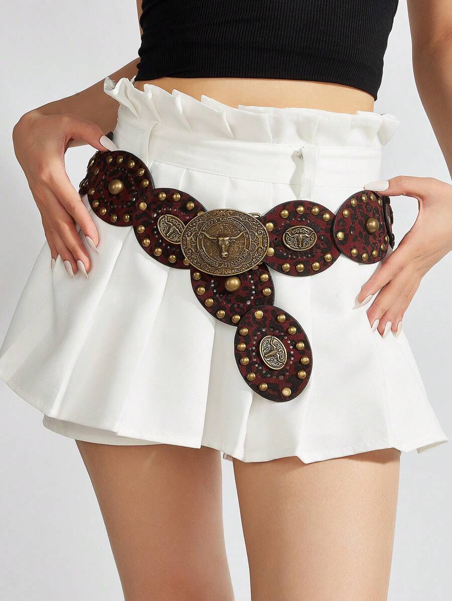 1 件棕色新款波尔卡圆点街头公牛 PU（聚氨酯）女士腰带，适合连衣裙、裙子、牛仔裤，时尚街头风格，适合秋季、秋季、万圣节日常使用