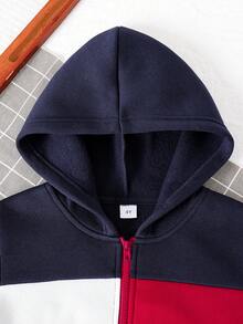 2pcs/Set Young Boy Patchwork Hoodie Sweatshirt And Pants, Warm - Royal Blue - View 7