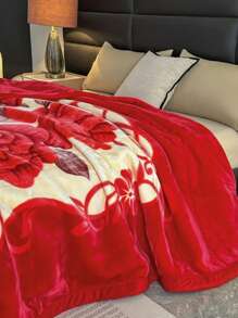 1pc Christmas Floral Pattern Blanket, Soft Double-Layer Raschel Throw Blanket, Long Plush Warm & Cozy For Bedroom, Living Room, Travel - Good Match - View 4