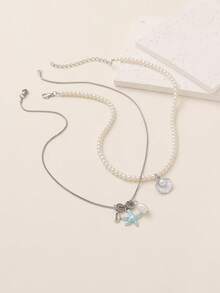 2件套海洋风彩绘海星贝壳仿珍珠串珠不锈钢项链套装，适合女士休闲、海滩、旅行佩戴 - 彩色 - 查看 5