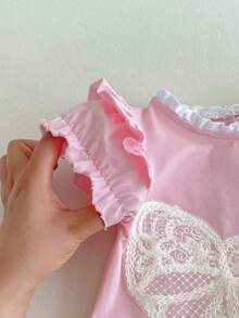 Baby Girls' Sweet Elegant Lace Ruffle Bow Romper, Spring/Summer - Pink - View 4