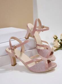 1 Pair Teenage Girls' Gold Round Toe Criss-Cross Strap Buckle Stiletto High Heel Sandals, PU Material, Non-Slip, Sexy & Cute Style, Suitable For Teenage Girls, Party, Vacation, Outdoor Wear, Spring/Summer 2025 New Arrival - Coral Pink - View 7