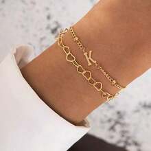 2Pcs/Set Simple Classic Initial Golden Stainless Steel Heart Chain Layered Chain Bracelets For Women