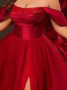 VIPGIRL Vestido de gala de tul color borgoña con hombros descubiertos, corsé con lentejuelas y falda esponjosa, vestidos de gala para mujeres, estilo princesa elegante, vestido de noche formal, vestido de lujo para invitada de boda, vestido de dama de honor, vestido de fiesta