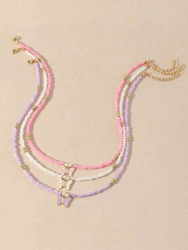 Set de 3 collares con colgantes de mariposa y corazón, con cuentas de colores, un conjunto de joyas de moda delicadas y lindas para niñas, adecuado como accesorios decorativos, joyas y regalos para ocasiones festivas