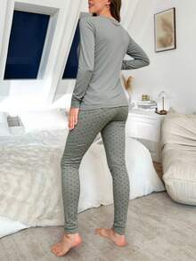 Mirano Slogan Print Short Sleeve Top & Cherry Pattern Long Pants Pajama Set - Grey - View 2