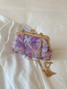 2025 New Floral Chain Clutch Bag, Fashion Elegant Lady Handbag, Shoulder Crossbody Bag, Solid Color Zipper Chain Tote Bag [Floral Pattern Placement Random] - Purple - View 7