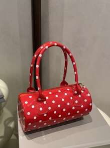 Fashionable Polka Dot Women's Boston Handbag, Stylish & Versatile Cylindrical Tote Bag, Lightweight Women's Shoulder Bag - Red - View 2