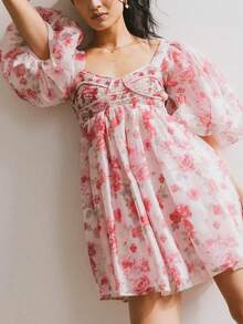 Women's Floral Short Dress Fall Puff Sleeve Open Back Low Cut A Line Dress Y2K Square Neck Flowy Dress For Going Out Party Club Streetwear - 粉色 - 查看 5