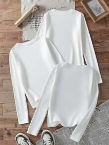 3 pezzi Top aderente a maniche lunghe autunnale, stampa personalizzata con teschio, fulmine e fiori stile street, maglietta 100% cotone, sexy, top autunno/inverno, adatto per stratificazione, uso quotidiano, stile casual ragazza/minimalista/retrò/streetwear/Y2K/dolce/preppy, adatto per ufficio/casa/strada, Ognissanti - Bianco 3 - Visualizzare 2