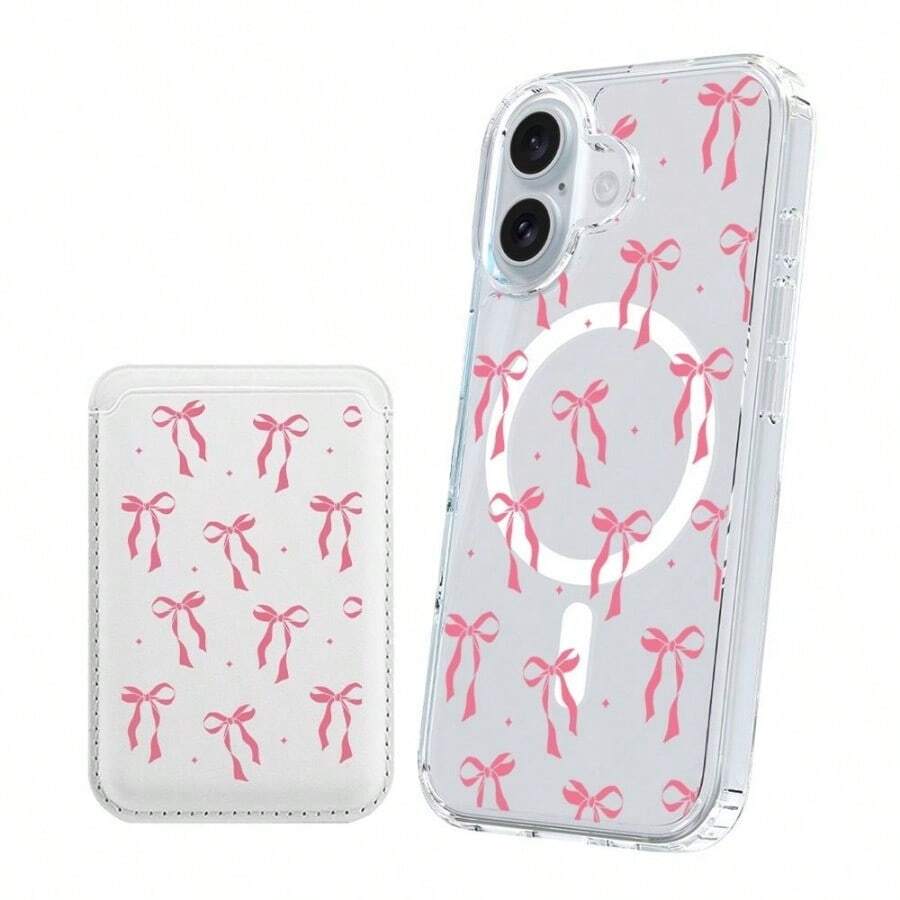 [Magnetic Mobile Phone Case + PU Leather Magnetic Phone Card Holder]  For Sam Galaxy S22 S23 S24 FE Ultra S25 Edge Transparent Wireless Charging, Cherry, Bow, Heart, Dot And Floral Design Cellphone Protective Cover For IPhone 17 Air 16 15 14 13 12 11 Plus Pro X XS Max Compatible With MagSafe - 粉紅色蝴蝶結和圓點 - 查看 1