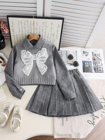 3pcs/Set Tween Girls' Bow Patch Textured Sweater Vest, Long Sleeve Shirt And Pleated Skirt Set, Autumn