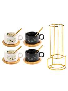 4pcs/Set Ceramic Marble Coffee Cup Set With Gold Stand, Including 4 Cups, 4 Saucers, 4 Spoons, Available In Turquoise Flower Design, 180ml Cappuccino/Latte Cups With Marble Pattern In Black Or White, Handled Espresso Cups