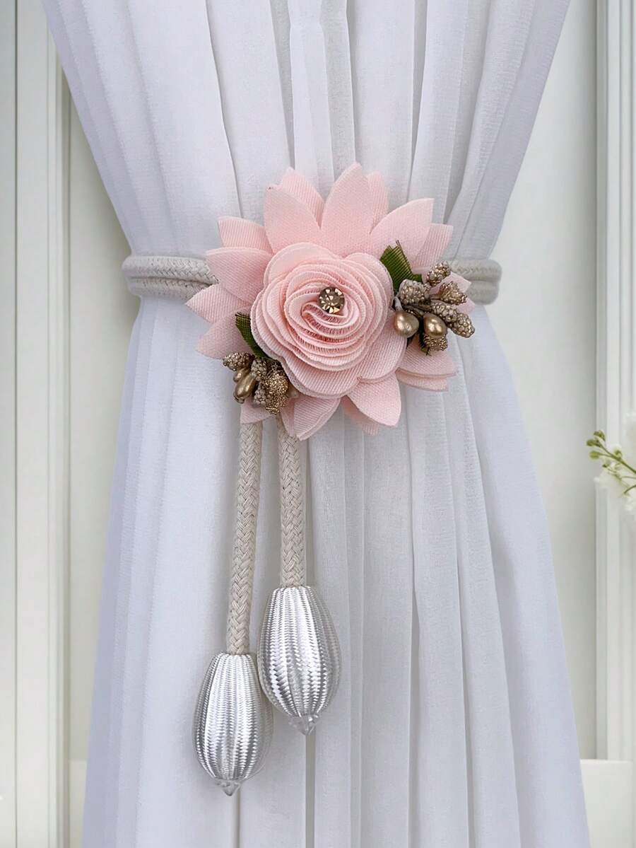 New Elegant Floral Curtain Tiebacks - Adjustable, 4 Colors (Pink, Blue, White, Champagne) Available, Graceful Wheat Flower Curtain Tie Backs - Luxury Adjustable, Decorative, Suitable For Bedroom And Dining Room, Modern Style, Golden Trim, Curtain Decor | Floral Decor |, With Tassels, Polyester Rope, Bedroom And Dining Room Decor, Living Room Curtains