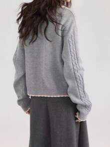 Cárdigan de mujer de longitud regular, con patrón de punto de cable, manga larga, ribete rosa, cierre con botones - Gris - Ver 1