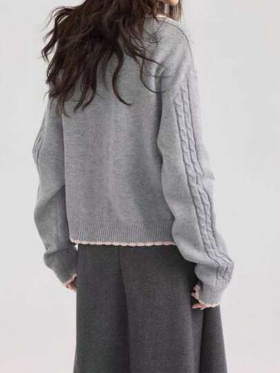 Cárdigan de mujer de longitud regular, con patrón de punto de cable, manga larga, ribete rosa, cierre con botones